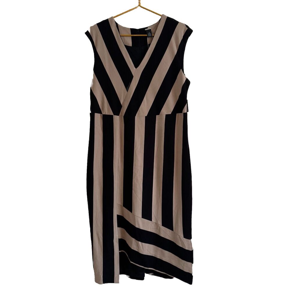 Chico's Black Label Asymmetrical Stripe Dress Neutral Black Women's Size 2 NWT